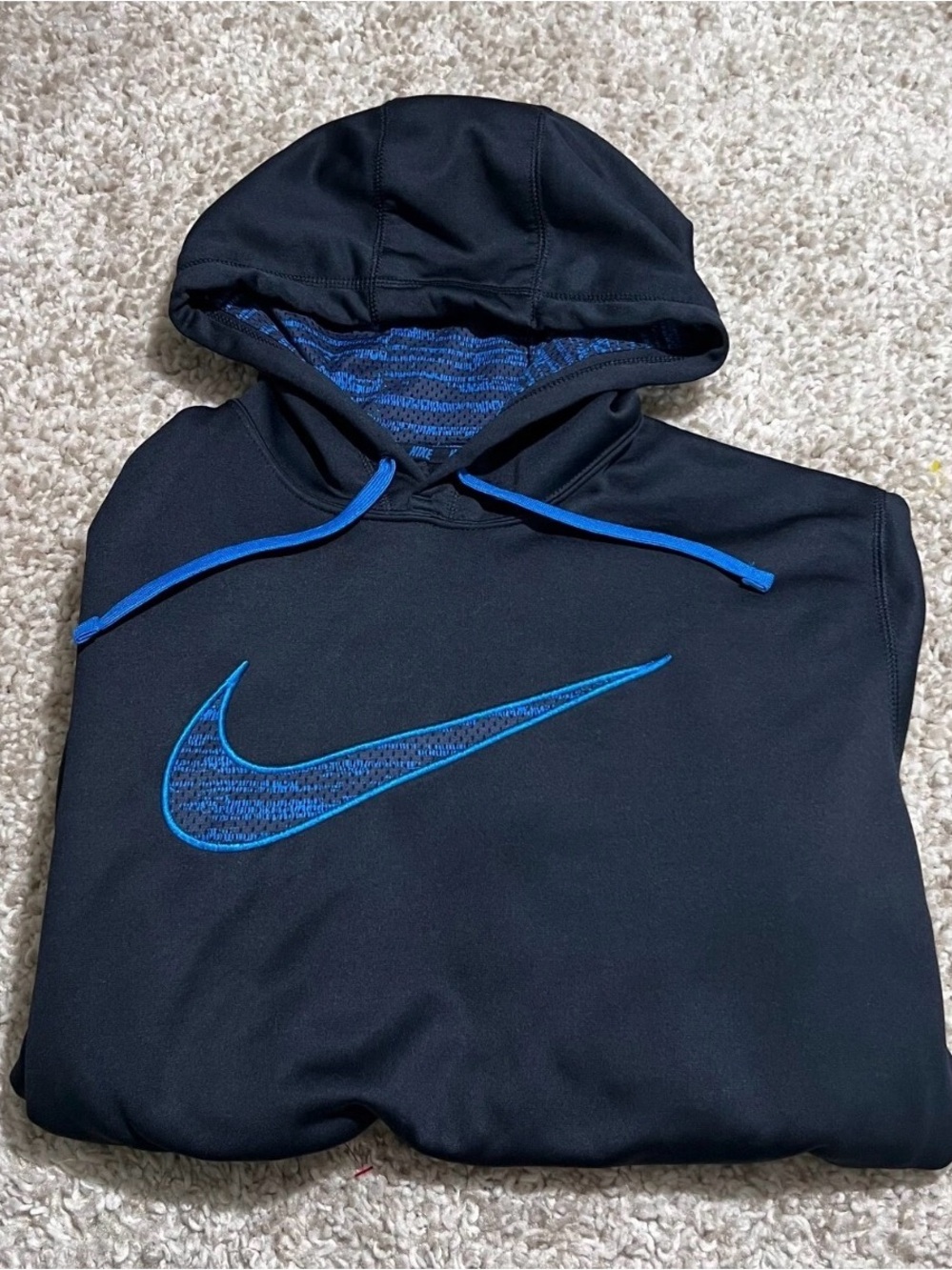 Nike Hoodie Mens Large Blue Therma Fit Sweatshirt Swoosh Logo Pullover Sweater